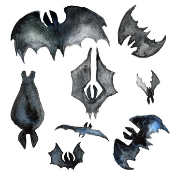 Watercolor set of several different bat silhouettes for decoration, design, halloween cards and graphic design.