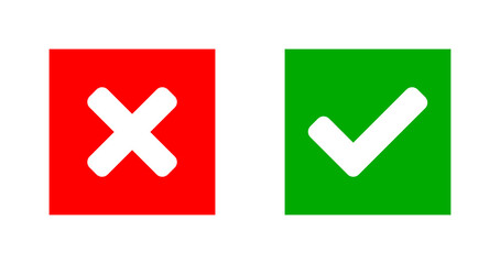 Yes and No or Right and Wrong or Approved and Declined Icon Set with Check Mark and X Cross Sign in Green and Red Squares. Vector Image.