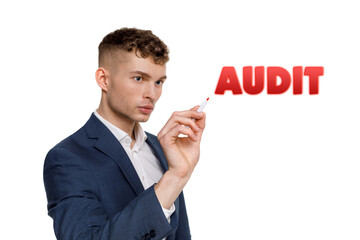 A businessman shows an inscription: AUDIT