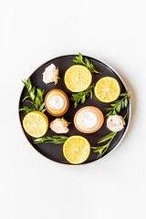 Beauty treatment with skin herbal cosmetic cream. Top view