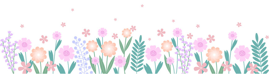Horizontal floral backdrop. Minimalistic banner with blooming plants, branches and leaves. Design element for social networks, websites and wall decoration. Cartoon modern flat vector illustration