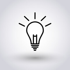 Bulb outline icon on grey gradient background. Black vector icon of ssource of light.
