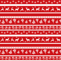 Red and white New Year pattern with deer, Christmas trees, snowflakes, gifts
