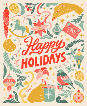 Happy holidays. Vintage greeting card. Linocut typographic banner. Colorful floral elements. Christmas decorations, crackers, garlands, bell, ribbon bow, champagne and sparklers illustrations.