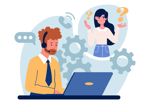 Hotline operator concept. Man with headphones sitting at his desk and working on laptop. Employee of support service answers questions from users. Problem solving. Cartoon flat vector illustration