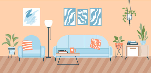 Living room interior concept. Cozy apartment with soft blue sofa, armchair, table and indoor plants. Stylish design of house. Wall decorated with paintings. Cartoon modern flat vector illustration
