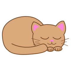 Funny cartoon sleeping cat, cute vector illustration in flat style. Beige cat. Smiling fat kitten. Positive print for sticker, cards, clothes, textile, design and decor. 
