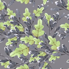 watercolor illustration seamless pattern,large bouquet of green grass and autumn oak leaves,for wallpaper,fabric or furniture