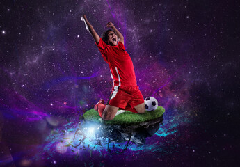 Fototapeta na wymiar Football player into space wins the soccer match