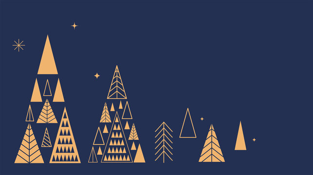 Simple Christmas background, elegant geometric minimalist style. Happy new year banner. Snowflakes, decorations and Xmas trees elements. Retro clean concept design
