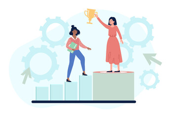 Reaching for career goals. Girl climbs stairs to cup. Trophy, award, successful employee. Motivation, achievement of goals, growth, development, progress stage. Cartoon flat vector illustration