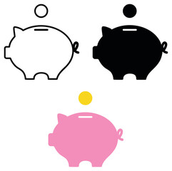 Simple Piggy Bank Clipart Set - Outline, Silhouette and Color