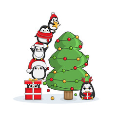 Christmas illustration penguins winter bright color tree