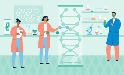 Scientists in laboratory concept. Smart men and women conduct experiment with large DNA molecule. Genetic engineering. Employees of chemical or biological laboratory. Cartoon flat vector illustration