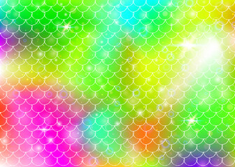 Rainbow scales background with kawaii mermaid princess pattern.