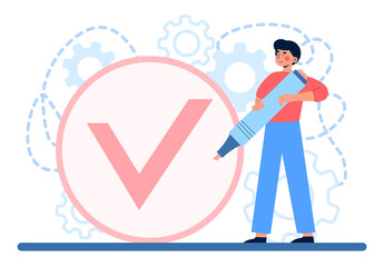 Successful well done work concept. Man holds pencil in his hands and draws big tick. Effective employee completed project on deadline. To do list or tasks. Cartoon modern flat vector illustration