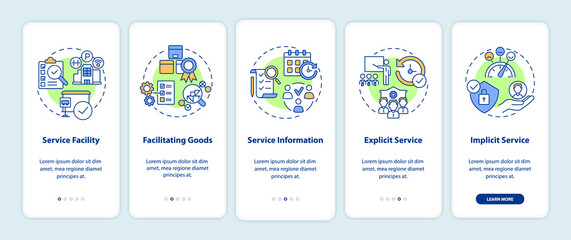 Service characteristics onboarding mobile app page screen. Operation management walkthrough 5 steps graphic instructions with concepts. UI, UX, GUI vector template with linear color illustrations