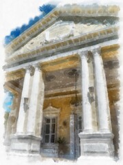 ancient building european architecture watercolor style illustration impressionist painting.