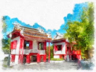 Fototapeta premium ancient chinese mansion watercolor style illustration impressionist painting.