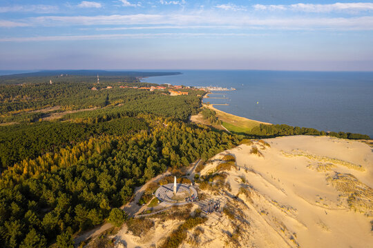 Aerial autumn fall sunrise view of Parnidis Dune in Nida, Curonian Spit, Lithuania