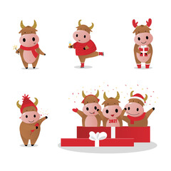 collection of objects character christmas bull cute greeting card gift winter
