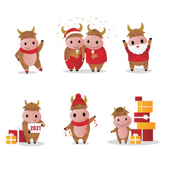 collection of objects character christmas bull cute greeting card gift winter