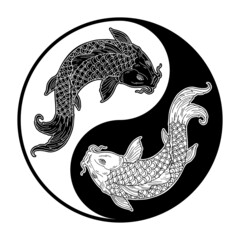 Two koi carps. Yin yang symbol. Vintage engraving monochrome illustration. Isolated on white - obrazy, fototapety, plakaty