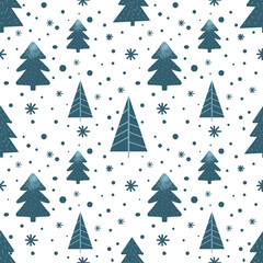 Obraz premium Modern blue Christmas tree seamless pattern. Boho winter vector illustration. Cute navy blue alternative trees art.
