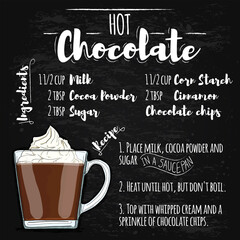 Hot Chocolate Drink illustration recipe on blackboard - obrazy, fototapety, plakaty
