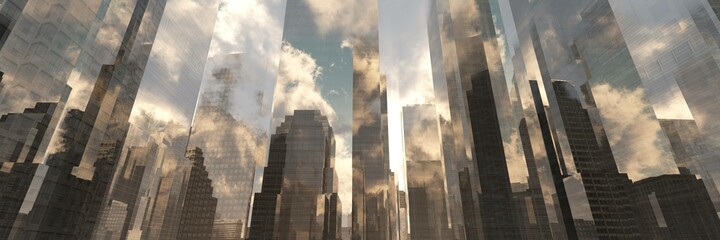 Fototapeta premium Skyscrapers at sunset, modern high-rise buildings in the clouds at sunrise, 3D rendering