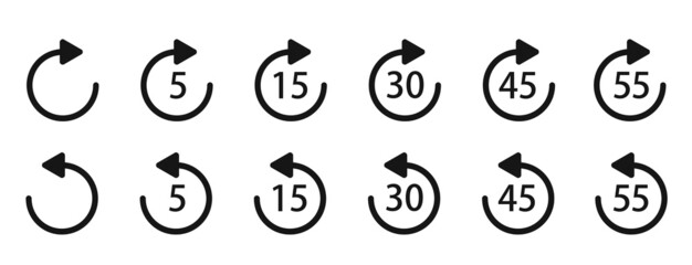 Replay icon set. Repeat 5, 15, 30, 45 seconds icons.