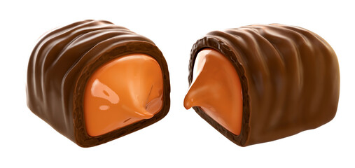 Chocolate coated toffee caramel. 3d illustration. Isolated background