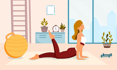 Young woman doing sports workout in morning concept. Female character does gymnastics, yoga or stretching. Girl performs physical exercises. Healthy lifestyle. Cartoon flat vector illustration
