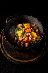 Goulash. Vegetable rague with meat, eggplant, pepper, potato and carrot in black bowl on dark...