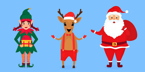 Christmas elf, Santa Claus and deer illustration