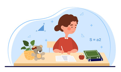 Kid do homework concept. Little girl sitting at her desk, holding pen and solving mathematical examples. Education at school. Smart child with books. Cartoon colorful flat vector illustration