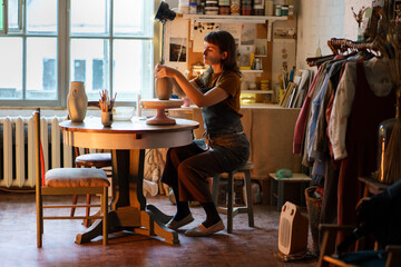 Creative young woman focused on pottery making in small studio. Female artist spend time working...