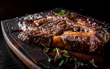 Grilled Ribeye Steak on bones on wooden board, prime cowboy steak on dark background