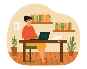 Woman working at home. Girl sitting at laptop. Freelancer, free schedule. Coworking, designer, programmer, remote employee. Modern technologies, comfortable workspace. Cartoon flat vector illustration