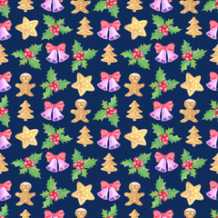 Christmas seamless pattern with the image of a holly branch, bells, gingerbreads in the shape of a star, a fir tree, a man, watercolor illustration on a blue background.