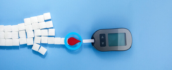 World diabetes day concept. Red blood drop in circle with Blood glucose test strip and Glucose...