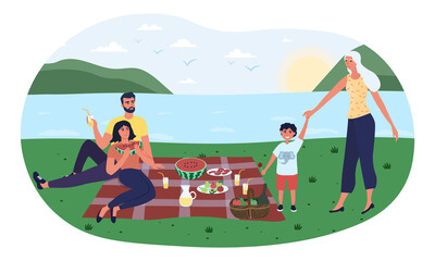 Picnic in nature. Characters sitting on blanket near ocean. Beach, watermelon, food. Family vacation, weekend, fun, fresh air, outdoor. People resting together. Cartoon flat vector illustration