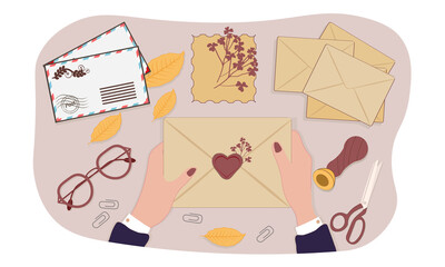 Set of postcards. Man cleaning up table. Character prepares letters for sending. Love correspondence, old style. Office clerk, promotional offers, mail, glasses. Cartoon flat vector illustration