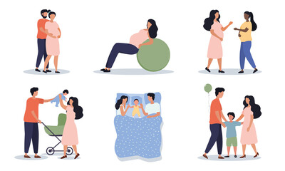 Pregnacy and motherhood. Collection of pictures on which girl preparing for birth of child. Caring for baby. Happy family images set. Cartoon flat vector illustrations isolated on white background