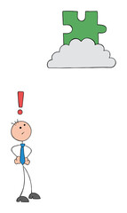 Teamwork, stickmen businessman looks at the missing puzzle piece on the cloud and is confused, hand drawn outline cartoon vector illustration.