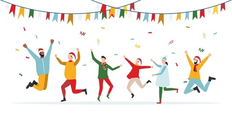 Fototapeta na wymiar Happy people at a Christmas and New Year's corporate party. Positive men and women dancing and having fun. Set of modern vector characters.