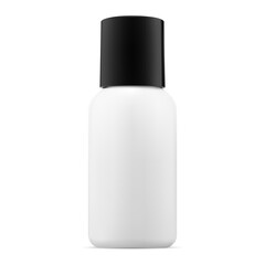 Glass cosmetic bottle mockup. White cylinder jar blank, black cap. Round airless face care serum container, vector. Tubular template for mini makeup aerosol, perfume or lotion, beauty care