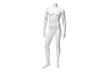 Male white plastic glossy standing mannequin doll for clothes isolated on white background. Human body model. Decor showcases fashion store. Realistic illustration front view. - obrazy, fototapety, plakaty