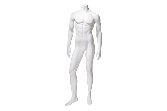 Male white plastic glossy standing mannequin doll for clothes isolated on white background. Human body model. Decor showcases fashion store. Realistic illustration front view.