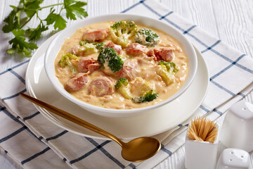 Broccoli Cheddar cheese Sausage Soup in a bowl